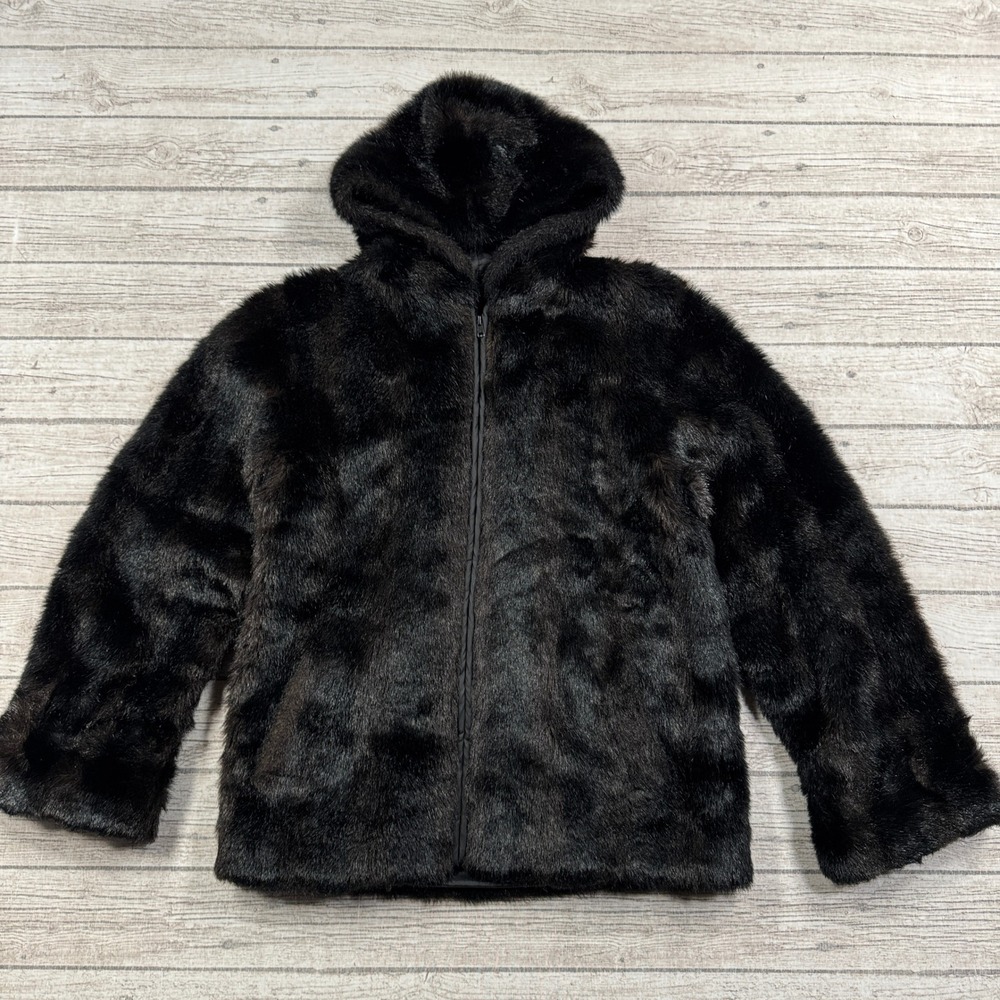 Exchange Jacket Women's Medium Black Hooded Zip Up Faux Fur Plush Coat Outdoor